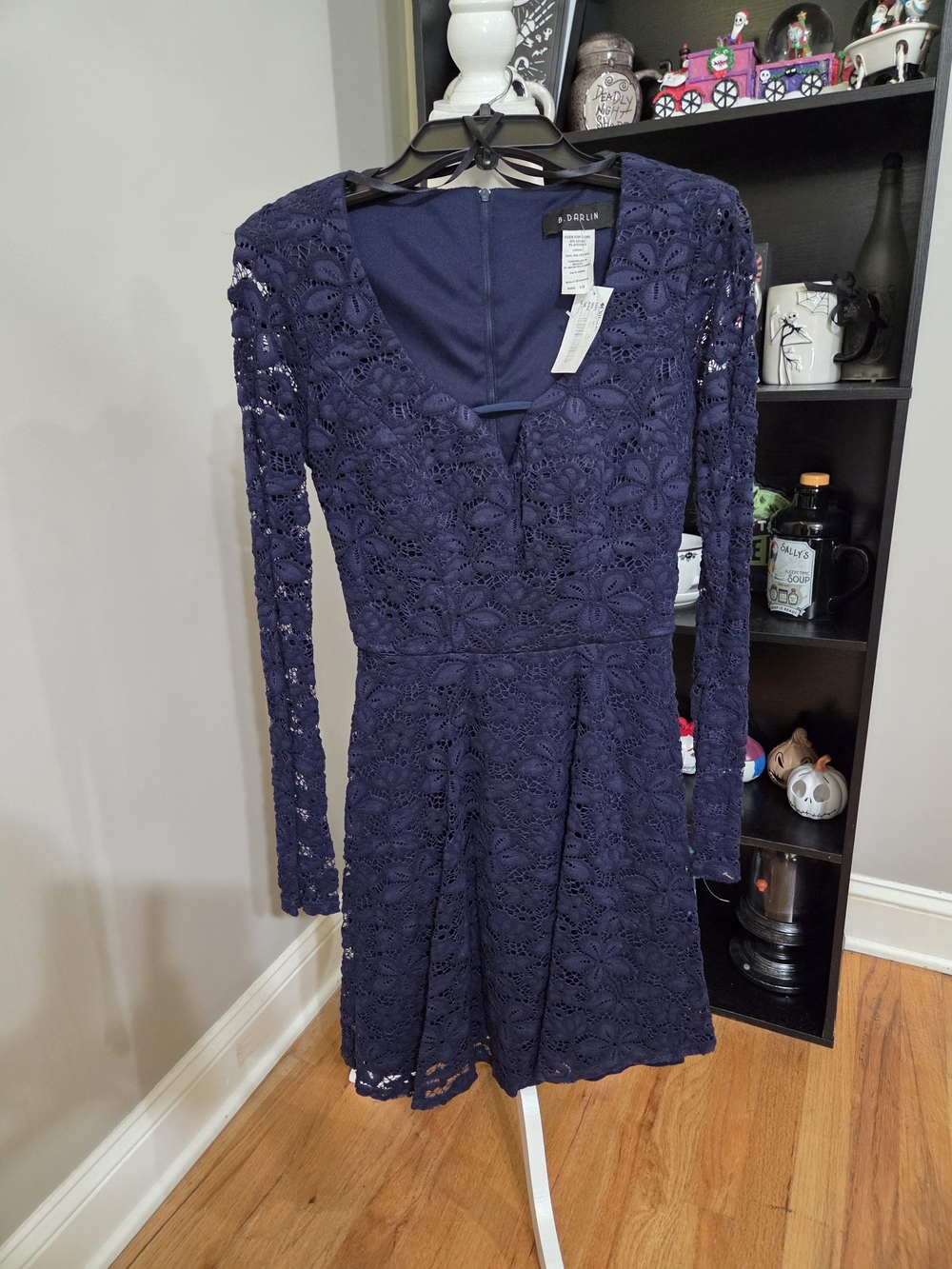 B Darlin Navy Long-Sleeve Lace Fit & Flare Dress